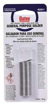 Oatey 53011 Acid Core Wire Solder, 1.5 oz Carded, Solid, Silver, 360 to 460 deg F Melting Point